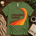 Reimagine Today inspirational introvert graphic t-shirt cozy flat lay in leaf.