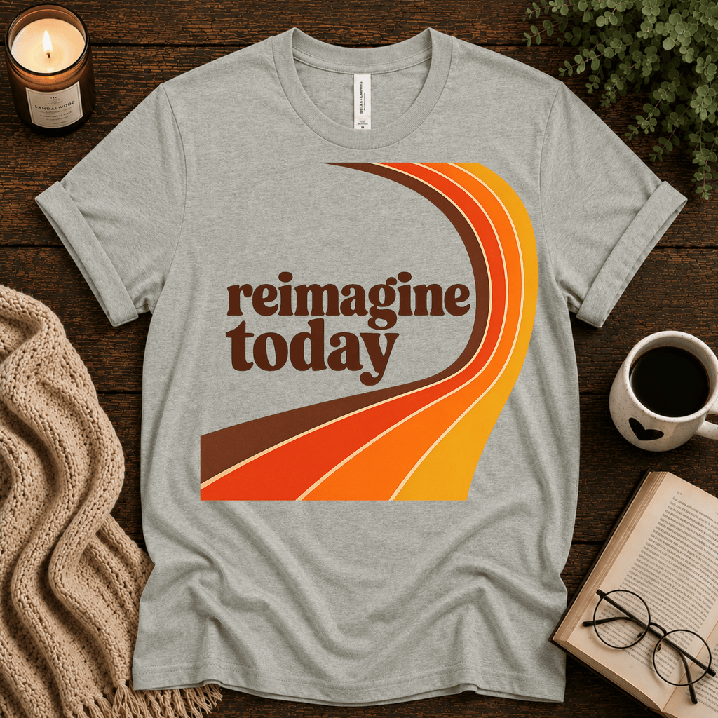 Reimagine Today inspirational introvert graphic t-shirt cozy flat lay in athletic heather.