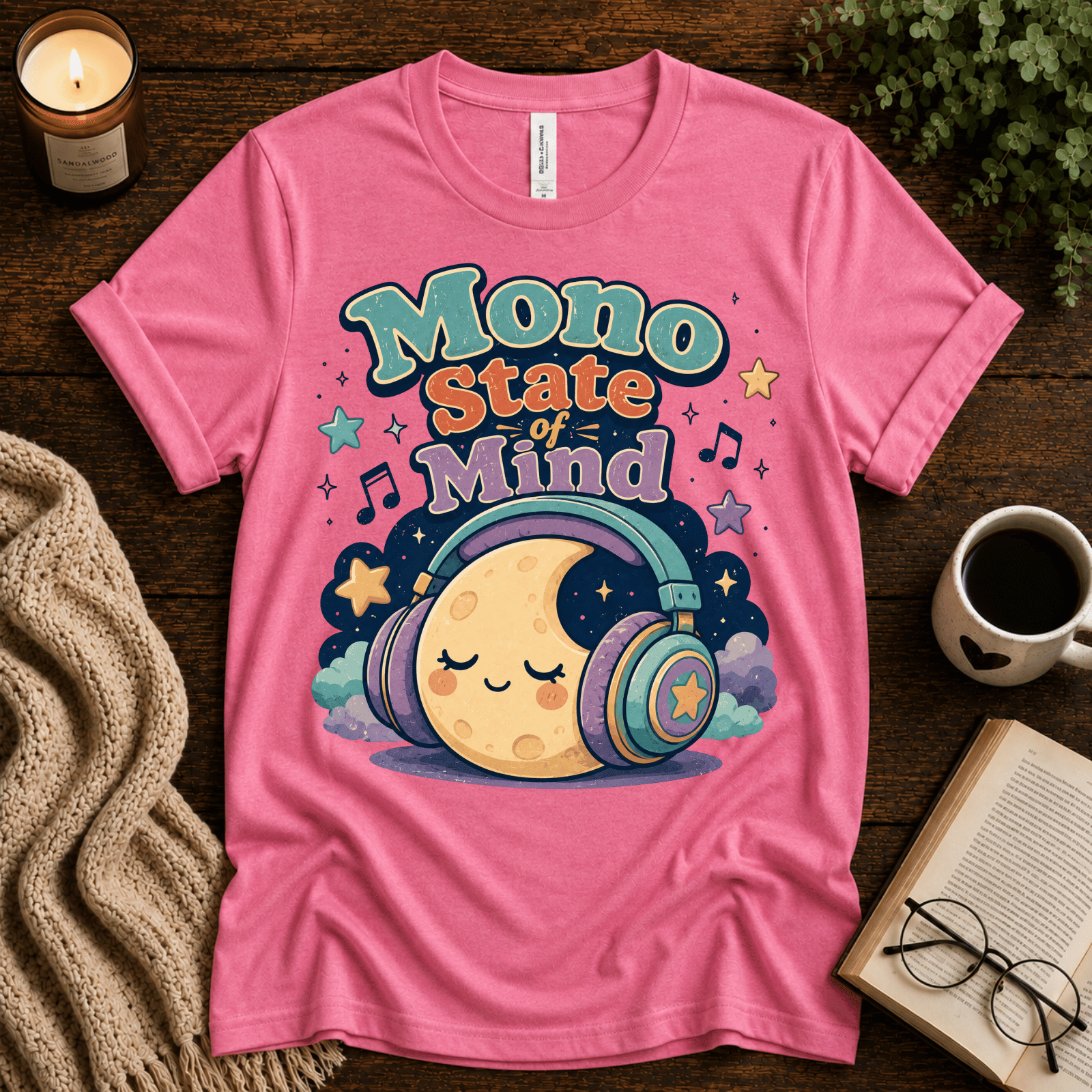 Mono State Of Mind funny introvert graphic t-shirt cozy flat lay in charity pink.