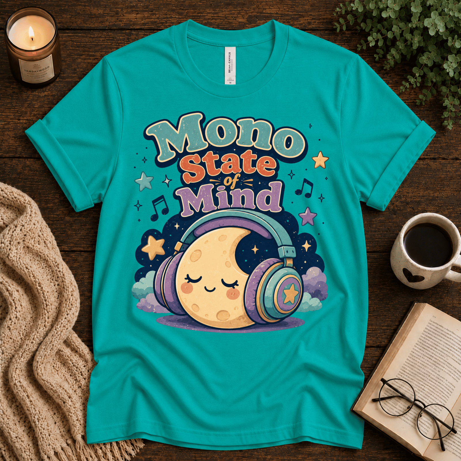 Mono State Of Mind funny introvert graphic t-shirt cozy flat lay in heather sea green.