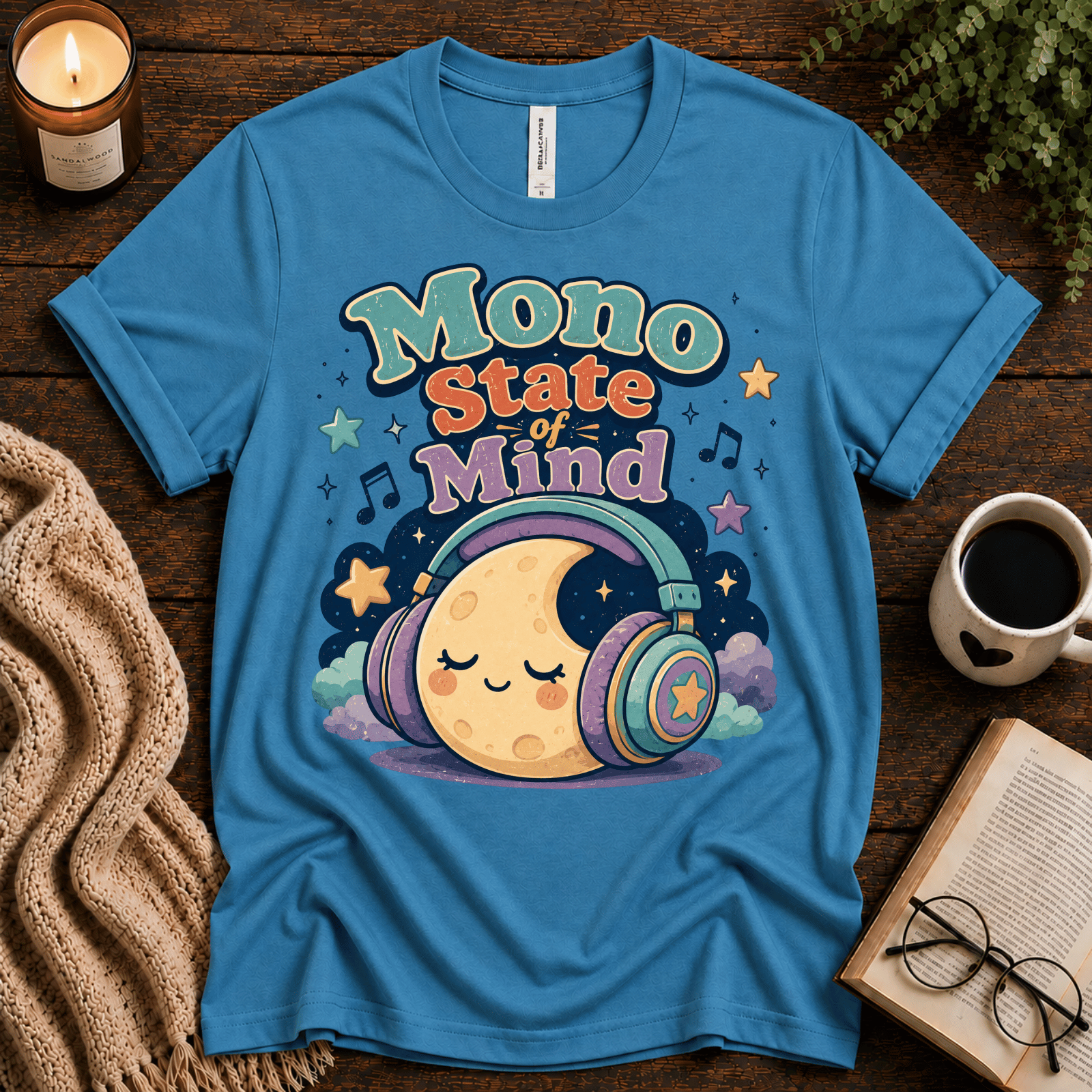 Mono State Of Mind funny introvert graphic t-shirt cozy flat lay in aqua.