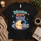 Mono State Of Mind funny introvert graphic t-shirt cozy flat lay in vintage black.