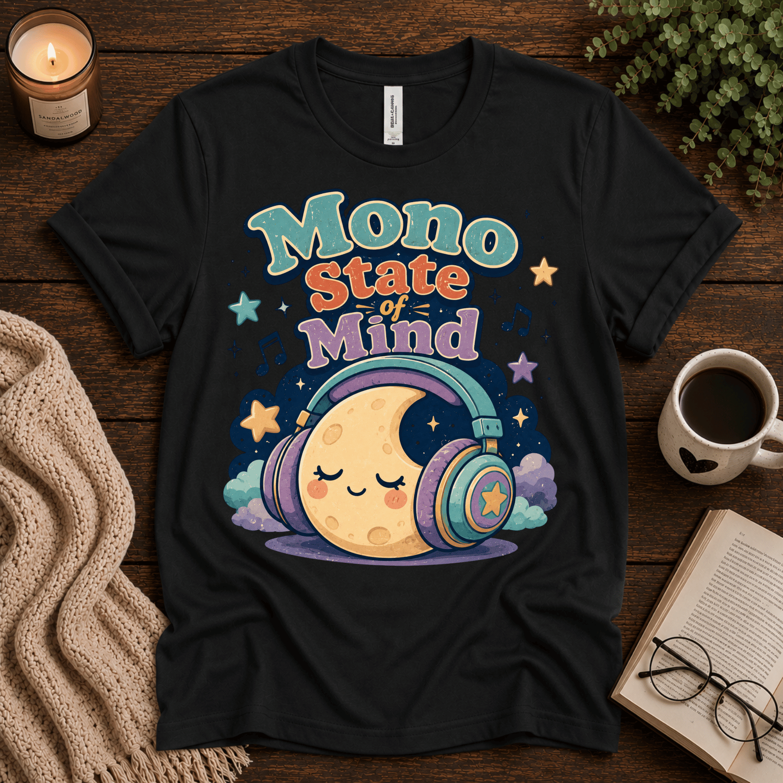 Mono State Of Mind funny introvert graphic t-shirt cozy flat lay in vintage black.