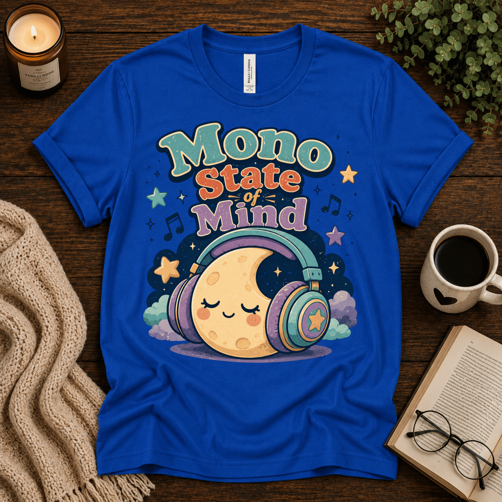 Mono State Of Mind funny introvert graphic t-shirt cozy flat lay in true royal.