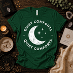 Quiet Comforts magic celestial graphic t-shirt cozy flat lay in evergreen.