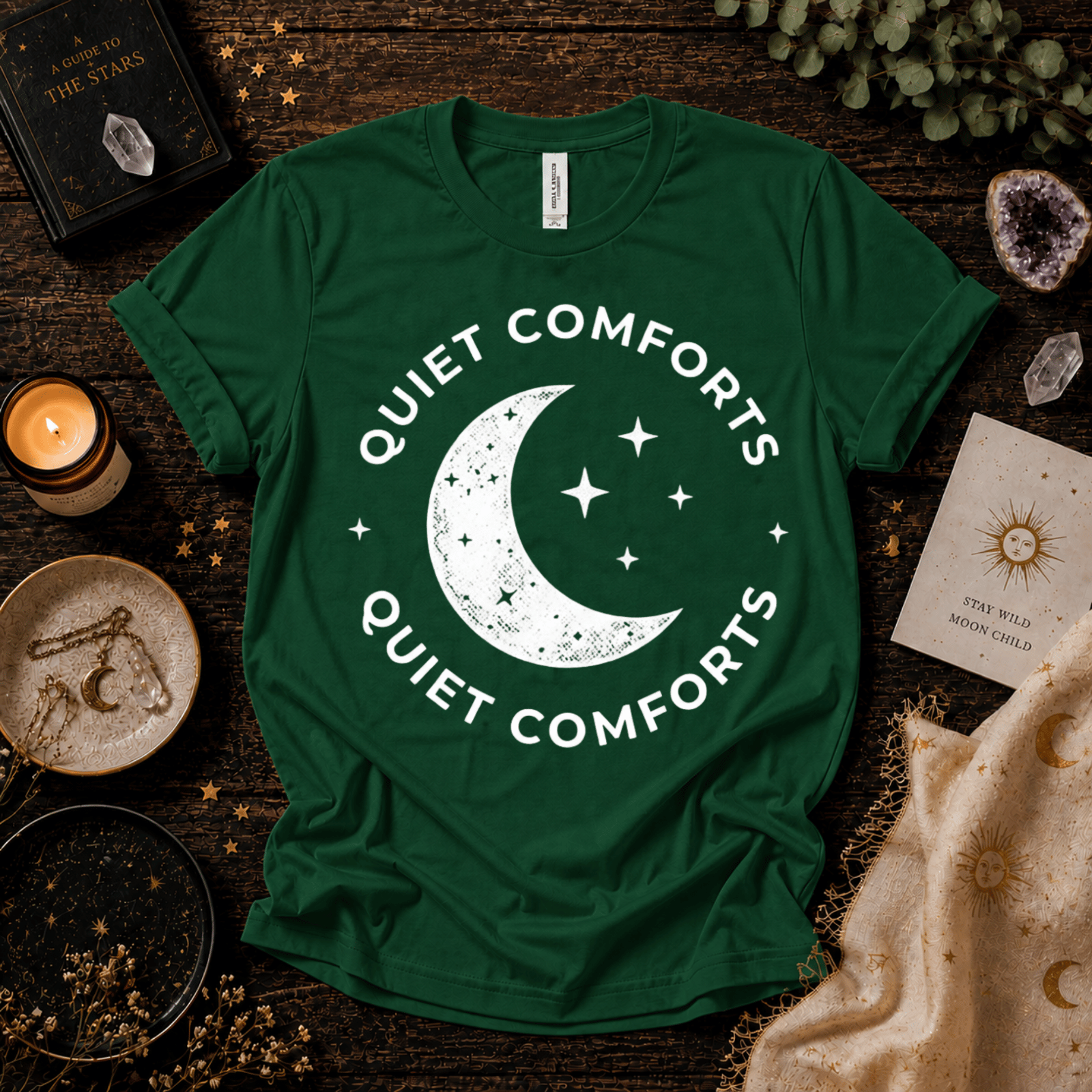 Quiet Comforts magic celestial graphic t-shirt cozy flat lay in evergreen.