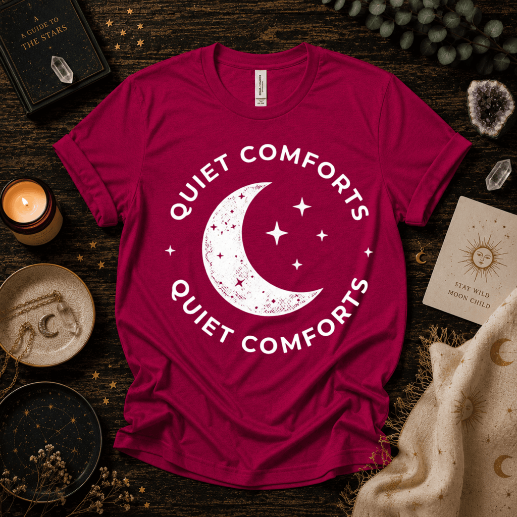 Quiet Comforts magic celestial graphic t-shirt cozy flat lay in berry.