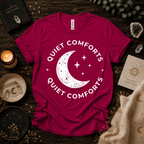 Quiet Comforts magic celestial graphic t-shirt cozy flat lay in berry.