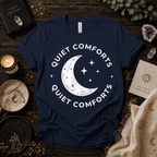 Quiet Comforts magic celestial graphic t-shirt cozy flat lay in navy.