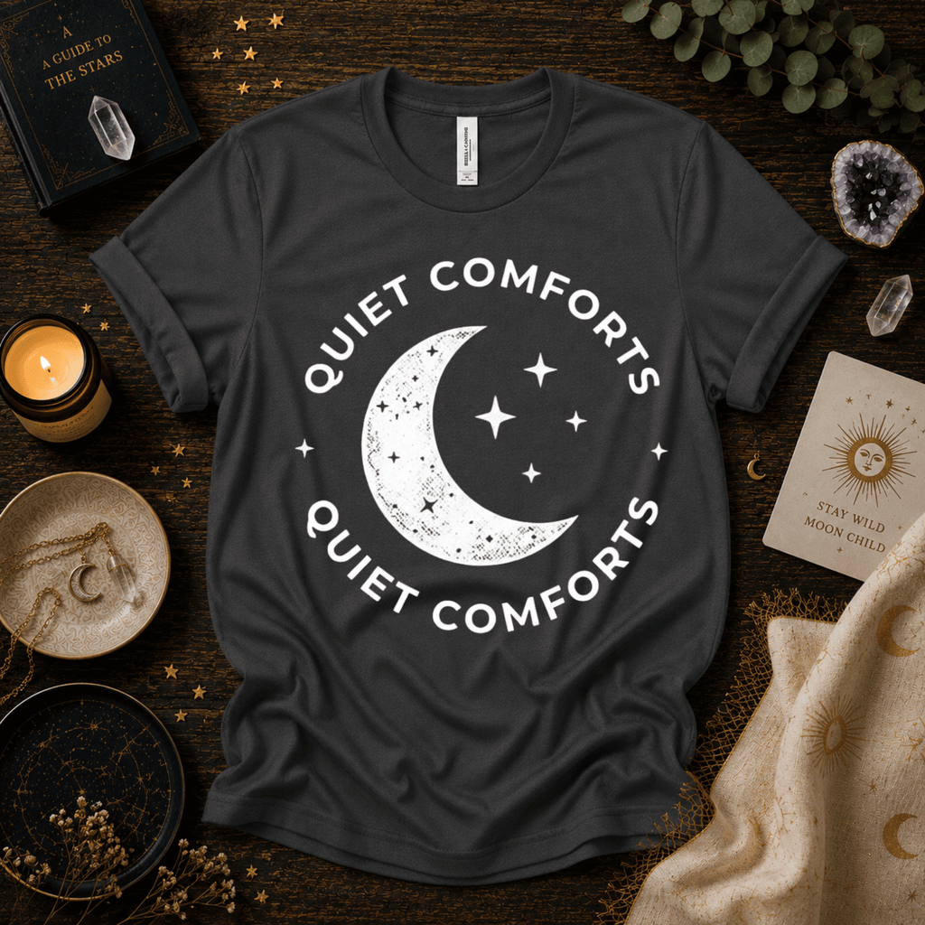 Quiet Comforts magic celestial graphic t-shirt cozy flat lay in asphalt.