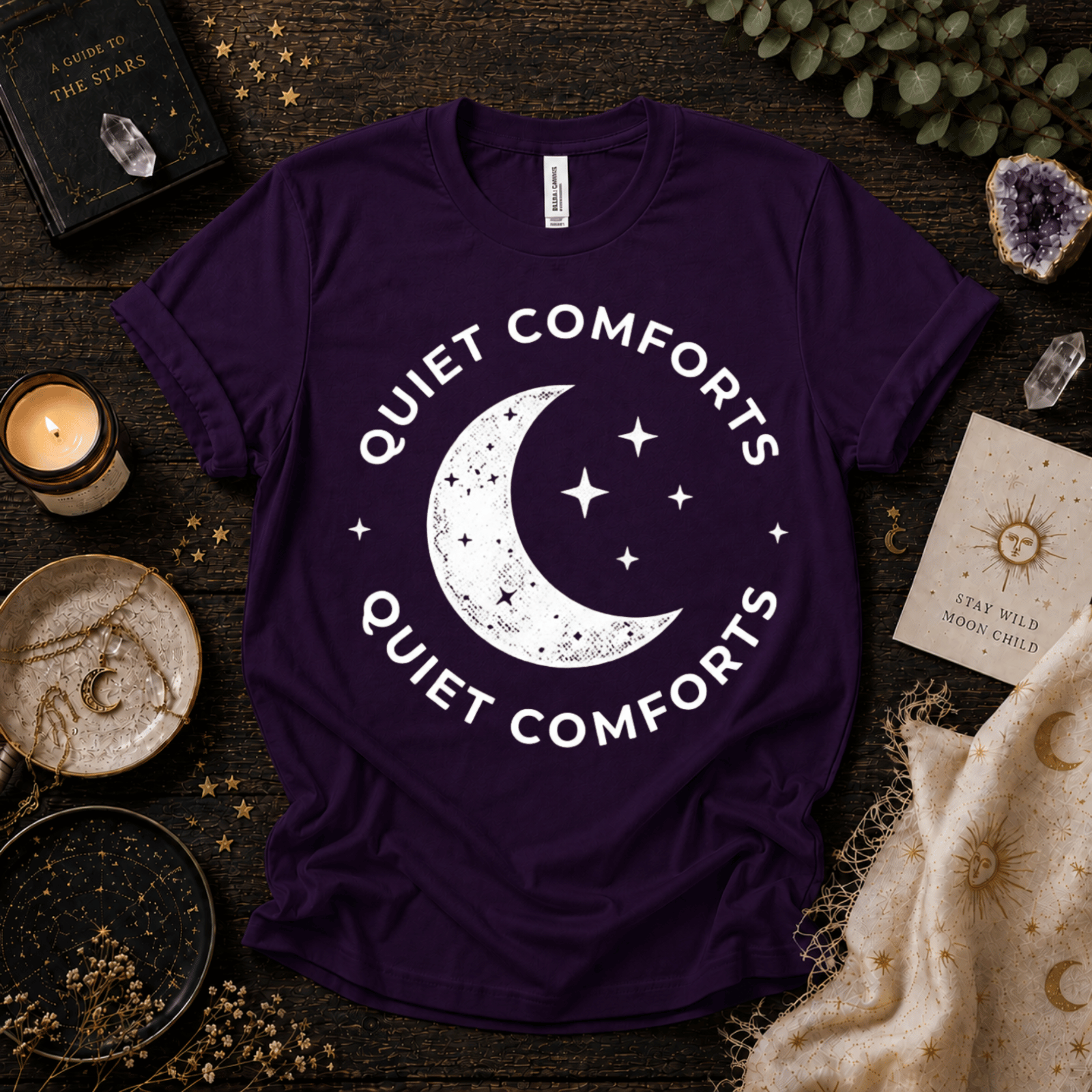 Quiet Comforts magic celestial graphic t-shirt cozy flat lay in team purple.
