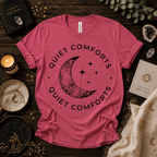 Quiet Comfort black print celestial  graphic t-shirt cozy flat lay in charity pink.