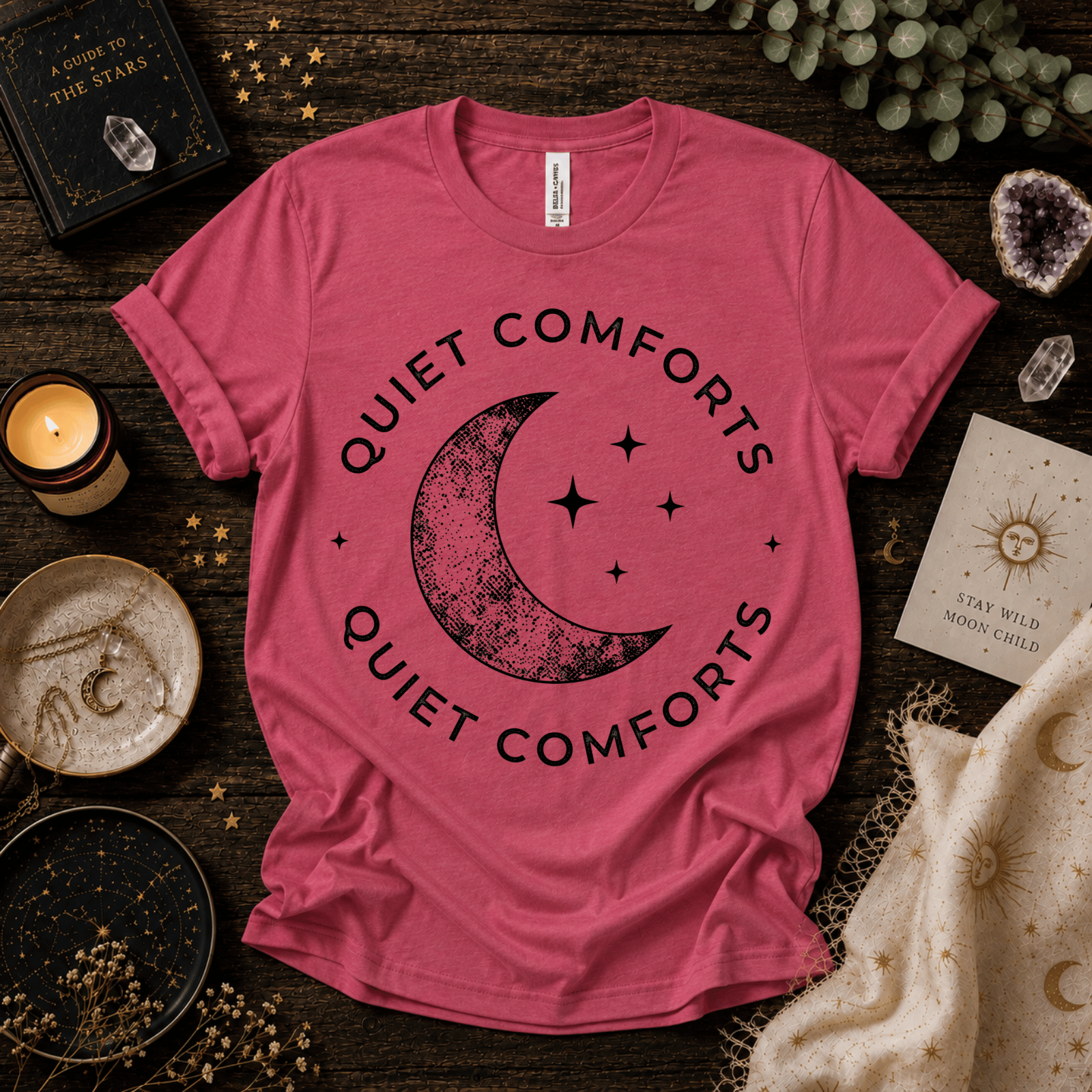 Quiet Comfort black print celestial  graphic t-shirt cozy flat lay in charity pink.