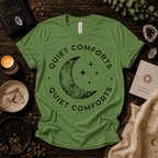 Quiet Comfort black print celestial  graphic t-shirt cozy flat lay in leaf.