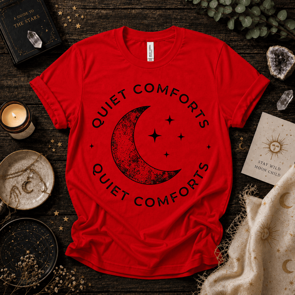 Quiet Comfort black print celestial  graphic t-shirt cozy flat lay in red.