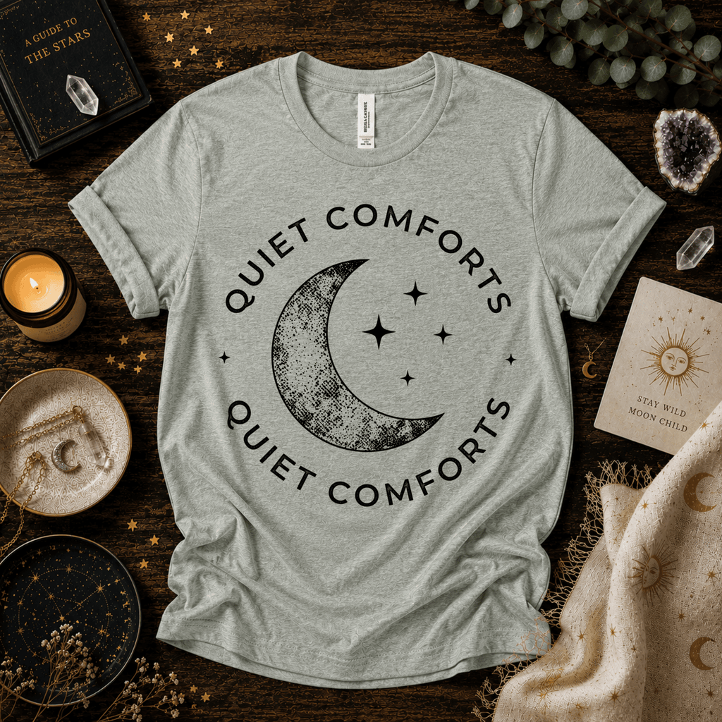 Quiet Comfort black print celestial  graphic t-shirt cozy flat lay in athletic heather.