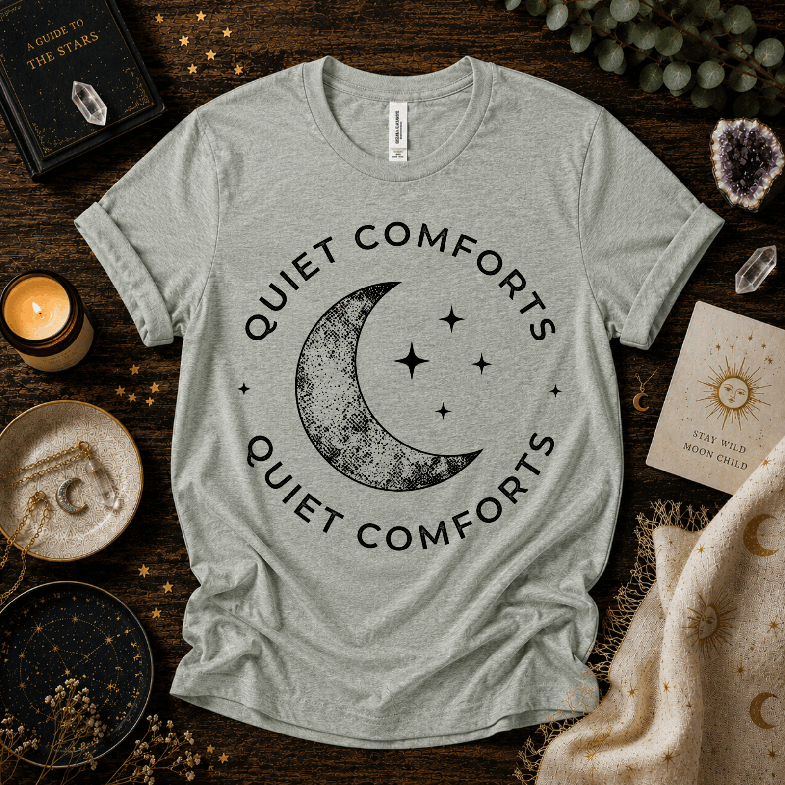 Quiet Comfort black print celestial  graphic t-shirt cozy flat lay in athletic heather.
