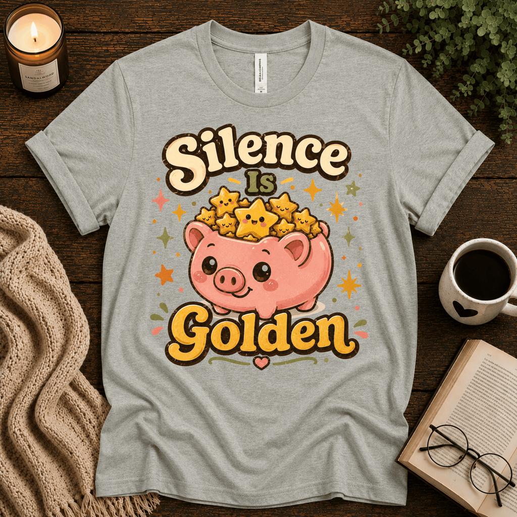 Silence Is Golden funny introvert graphic t-shirt cozy flat lay in athletic heather.