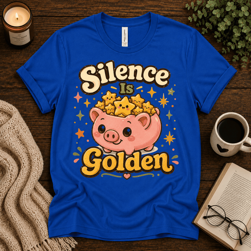 Silence Is Golden funny introvert graphic t-shirt cozy flat lay in true royal.