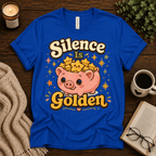 Silence Is Golden funny introvert graphic t-shirt cozy flat lay in true royal.