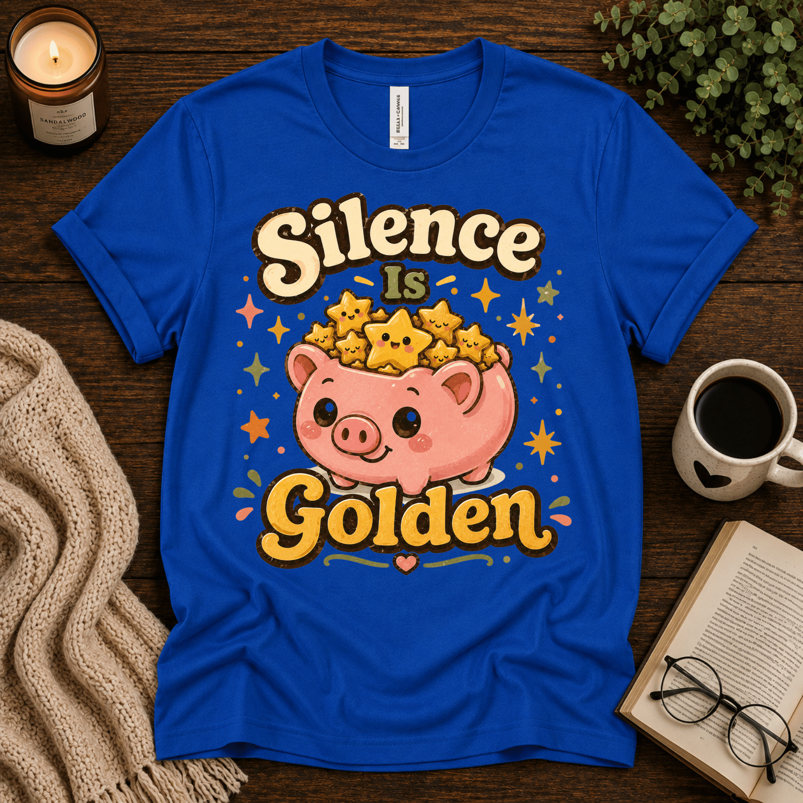Silence Is Golden funny introvert graphic t-shirt cozy flat lay in true royal.