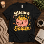 Silence Is Golden funny introvert graphic t-shirt cozy flat lay in vintage black.