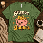 Silence Is Golden funny introvert graphic t-shirt cozy flat lay in leaf.