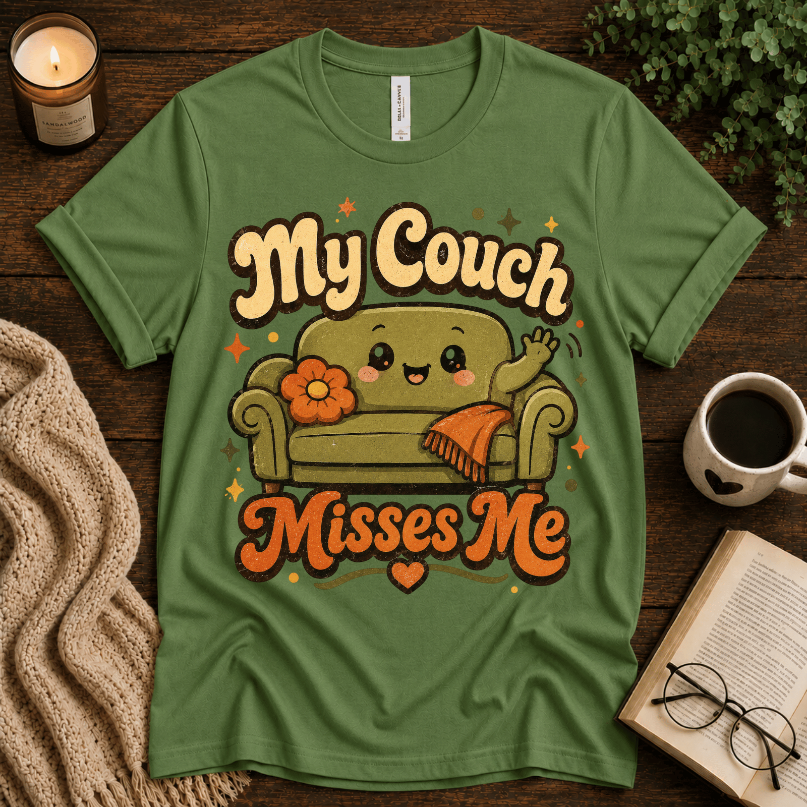 My Couch Misses Me funny introvert graphic t-shirt cozy flat lay in leaf.