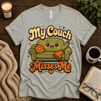 My Couch Misses Me funny introvert graphic t-shirt cozy flat lay in athletic heather.