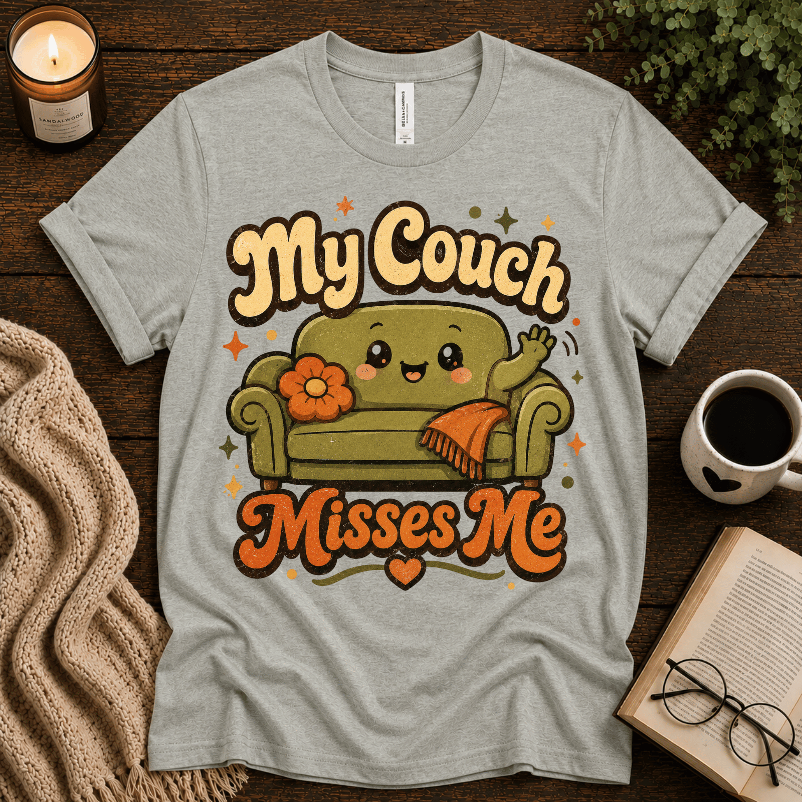 My Couch Misses Me funny introvert graphic t-shirt cozy flat lay in athletic heather.