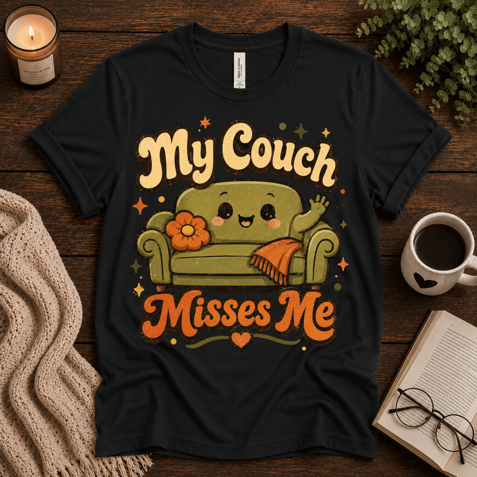 My Couch Misses Me funny introvert graphic t-shirt cozy flat lay in vintage black.