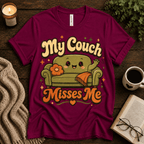 My Couch Misses Me funny introvert graphic t-shirt cozy flat lay in berry.
