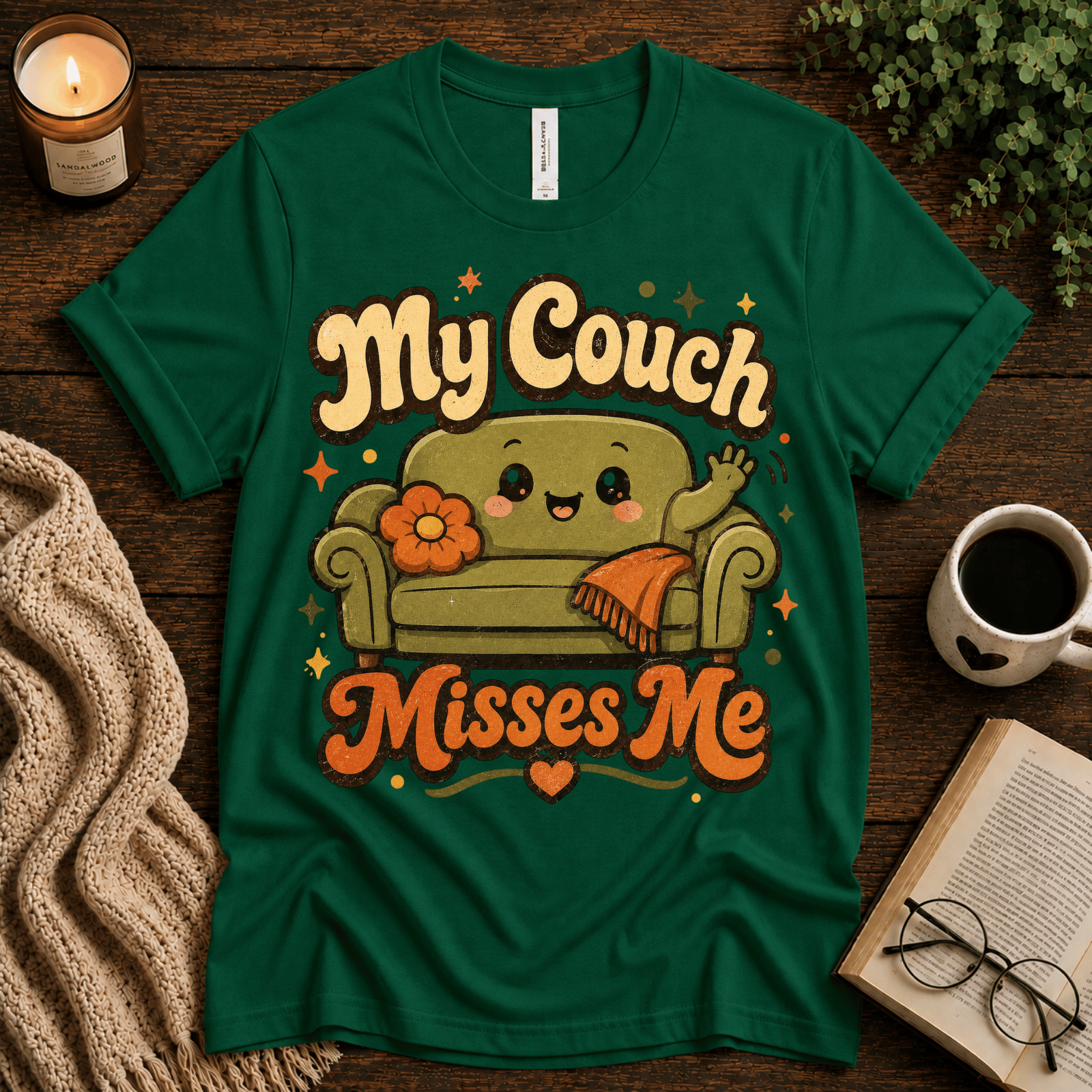 My Couch Misses Me funny introvert graphic t-shirt cozy flat lay in evergreen.