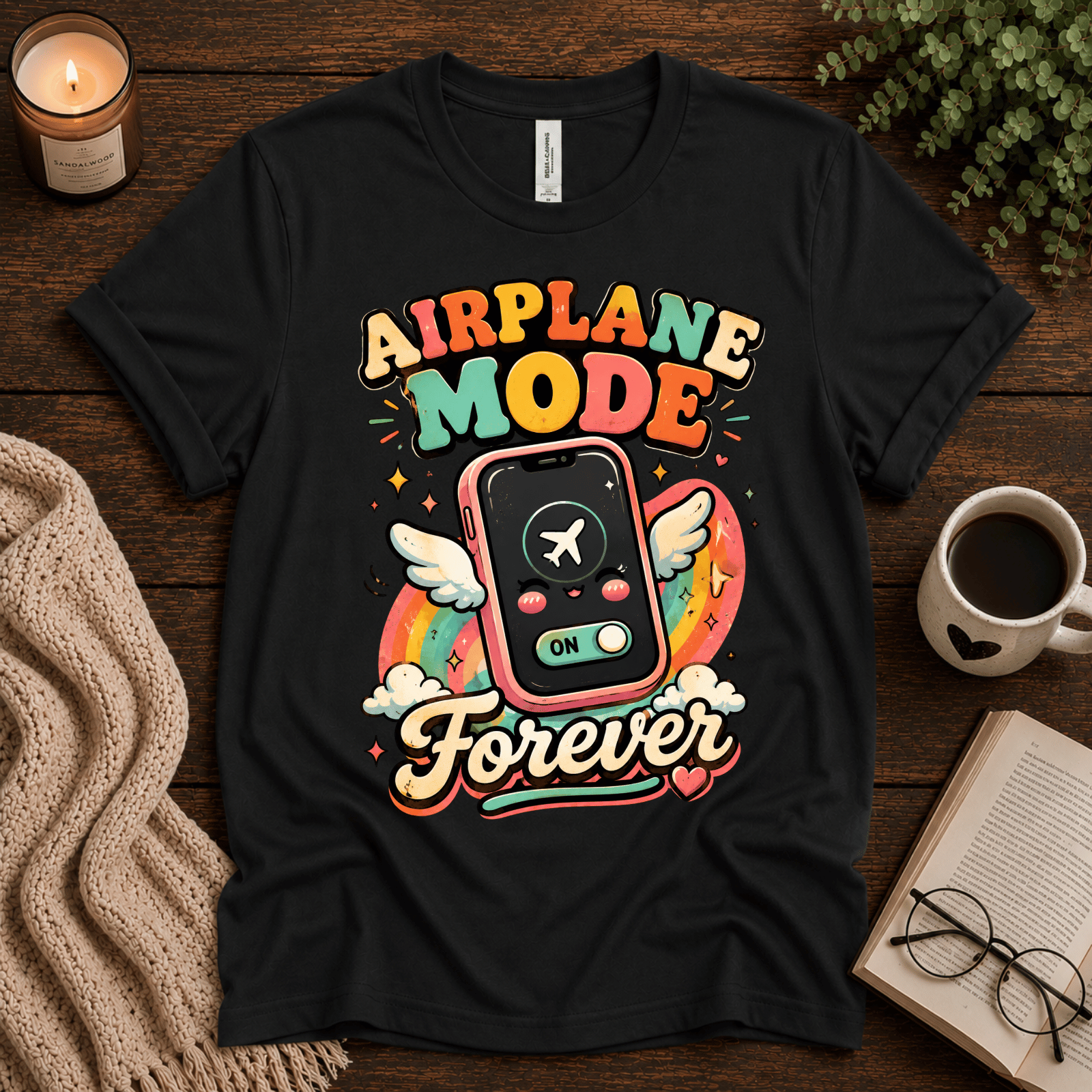 Airplane Mode funny introvert graphic t-shirt cozy flat lay in vintage black.