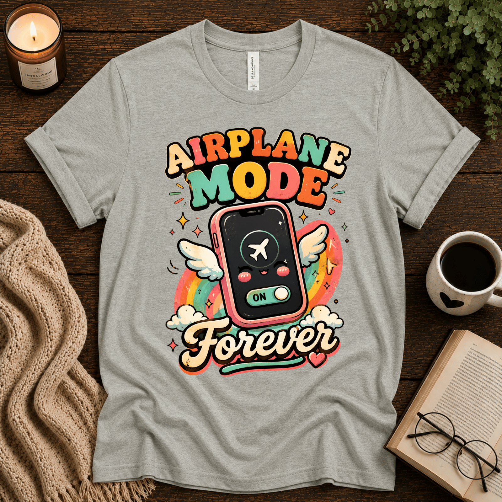 Airplane Mode funny introvert graphic t-shirt cozy flat lay in athletic heather.