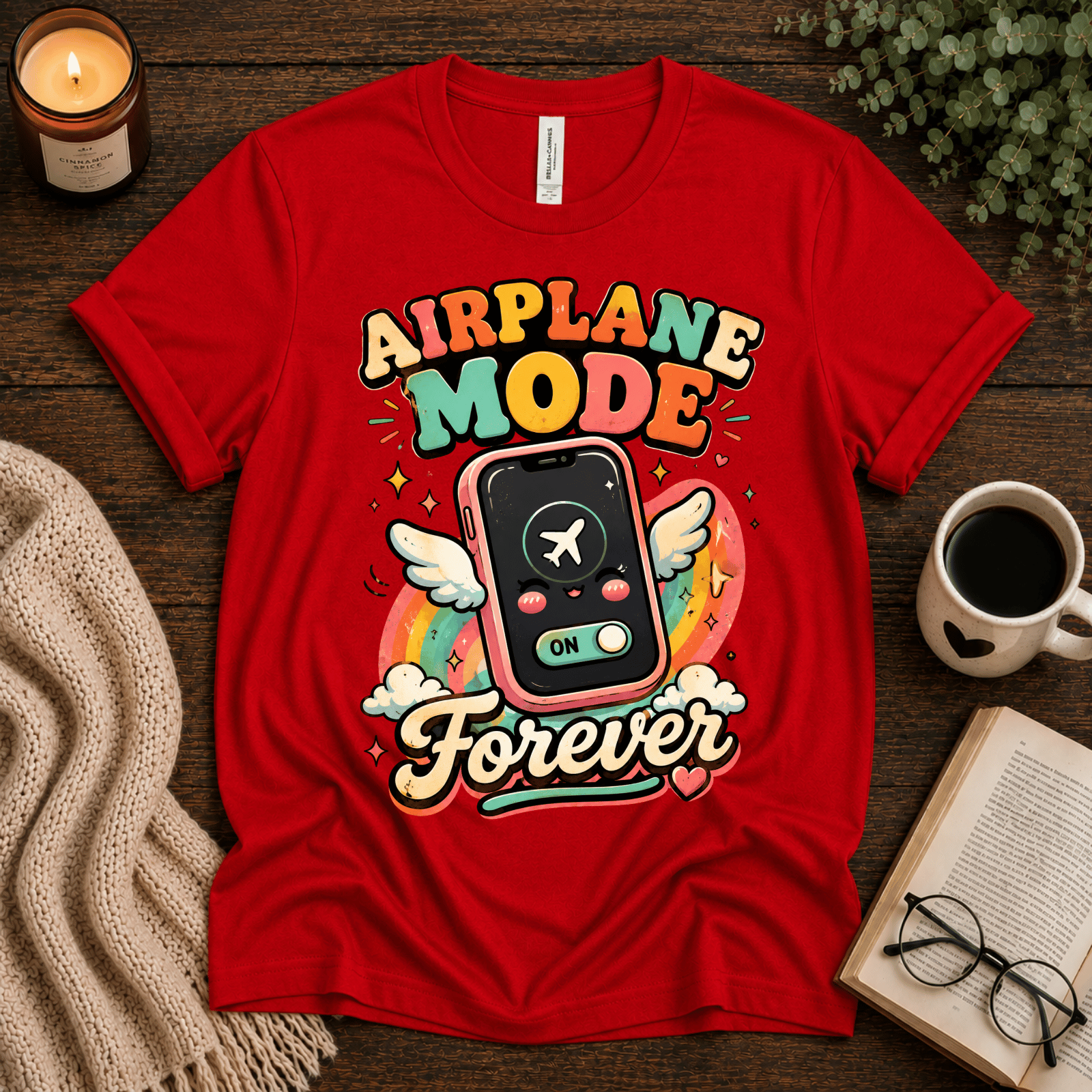 Airplane Mode funny introvert graphic t-shirt cozy flat lay in red.