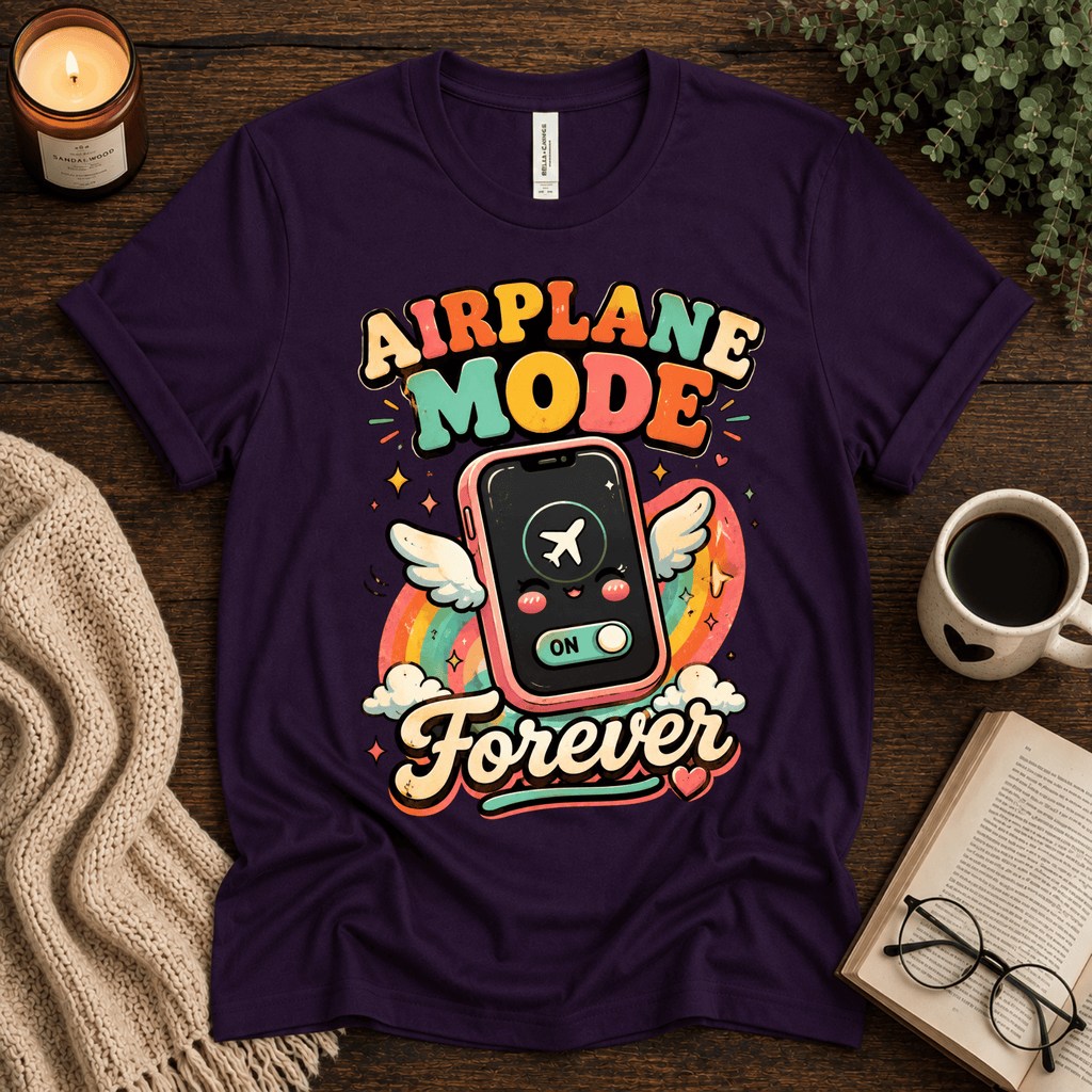 Airplane Mode funny introvert graphic t-shirt cozy flat lay in team purple.