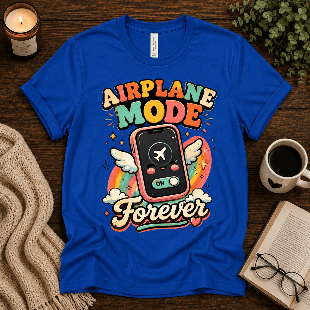 Airplane Mode funny introvert graphic t-shirt cozy flat lay in true royal.