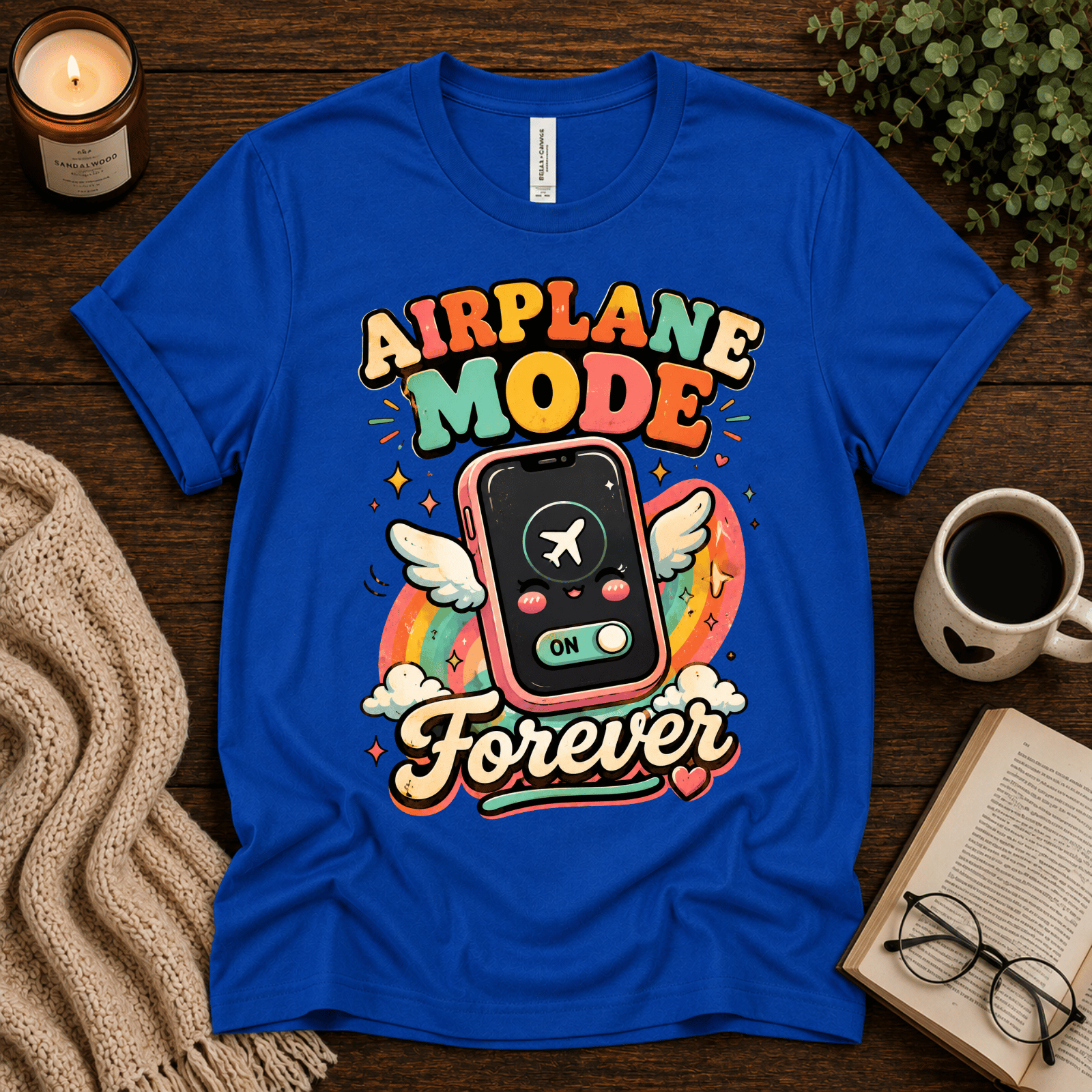 Airplane Mode funny introvert graphic t-shirt cozy flat lay in true royal.