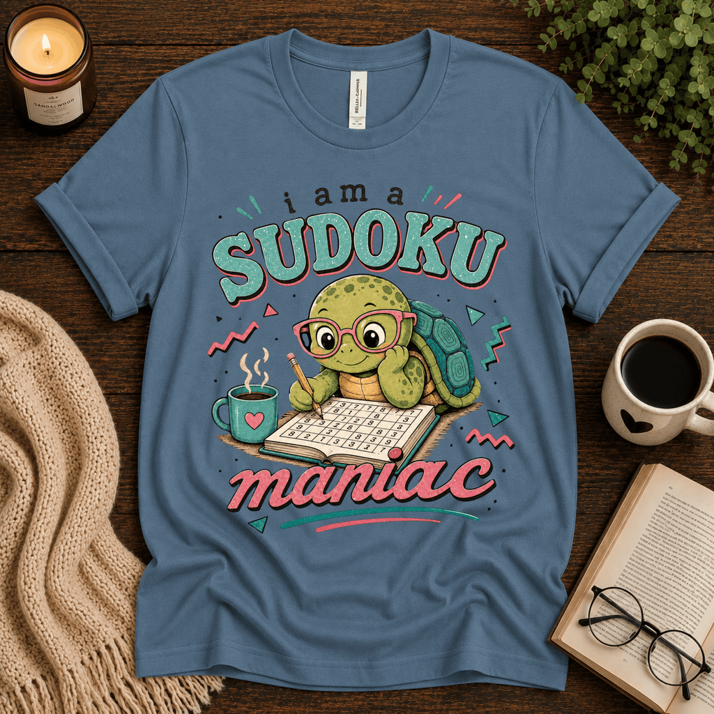 Sudoku Maniac funny introvert graphic t-shirt cozy flat lay in steel blue.