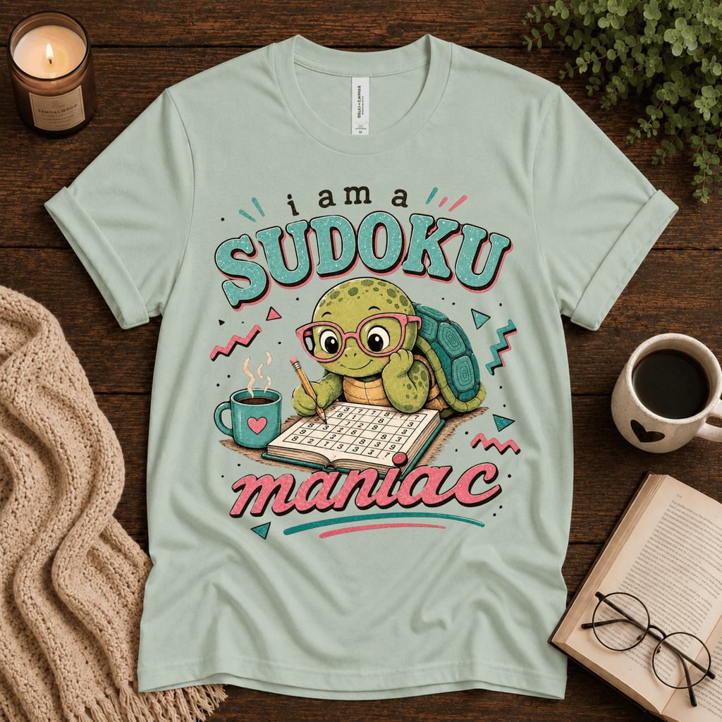 Sudoku Maniac funny introvert graphic t-shirt cozy flat lay in mint.