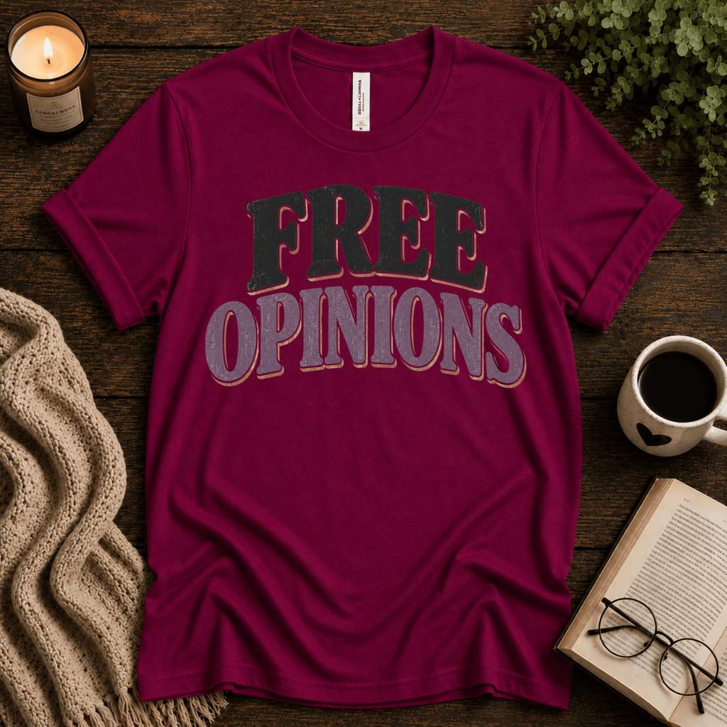 Free Opinions funny introvert graphic t-shirt cozy flat lay in berry.
