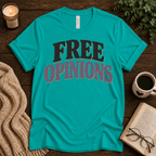 Free Opinions funny introvert graphic t-shirt cozy flat lay in heather sea green.
