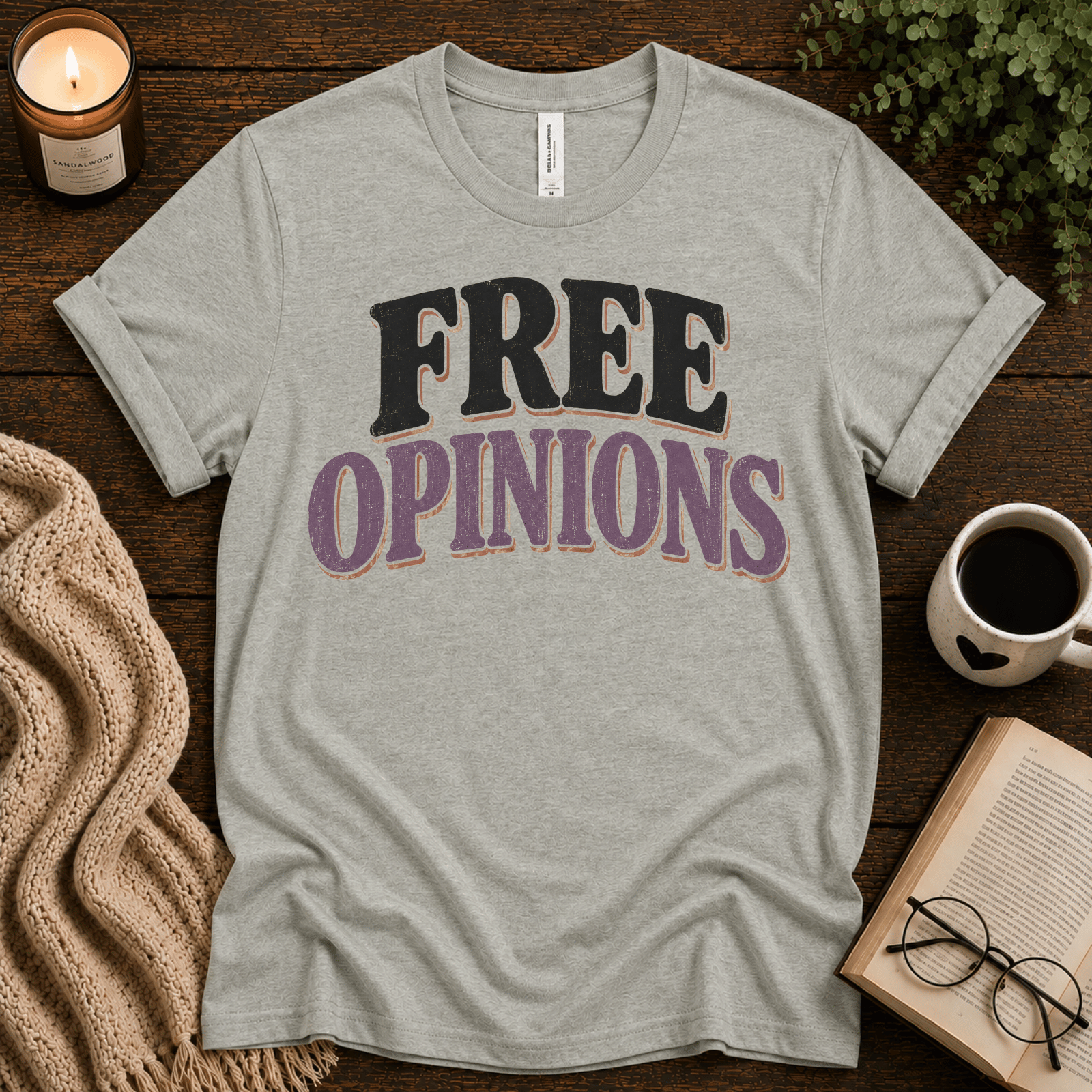 Free Opinions funny introvert graphic t-shirt cozy flat lay in athletic heather.