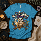 Moonlight Society cute celestial graphic t-shirt cozy flat lay in aqua.