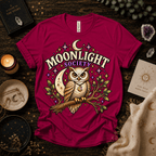 Moonlight Society cute celestial graphic t-shirt cozy flat lay in berry.