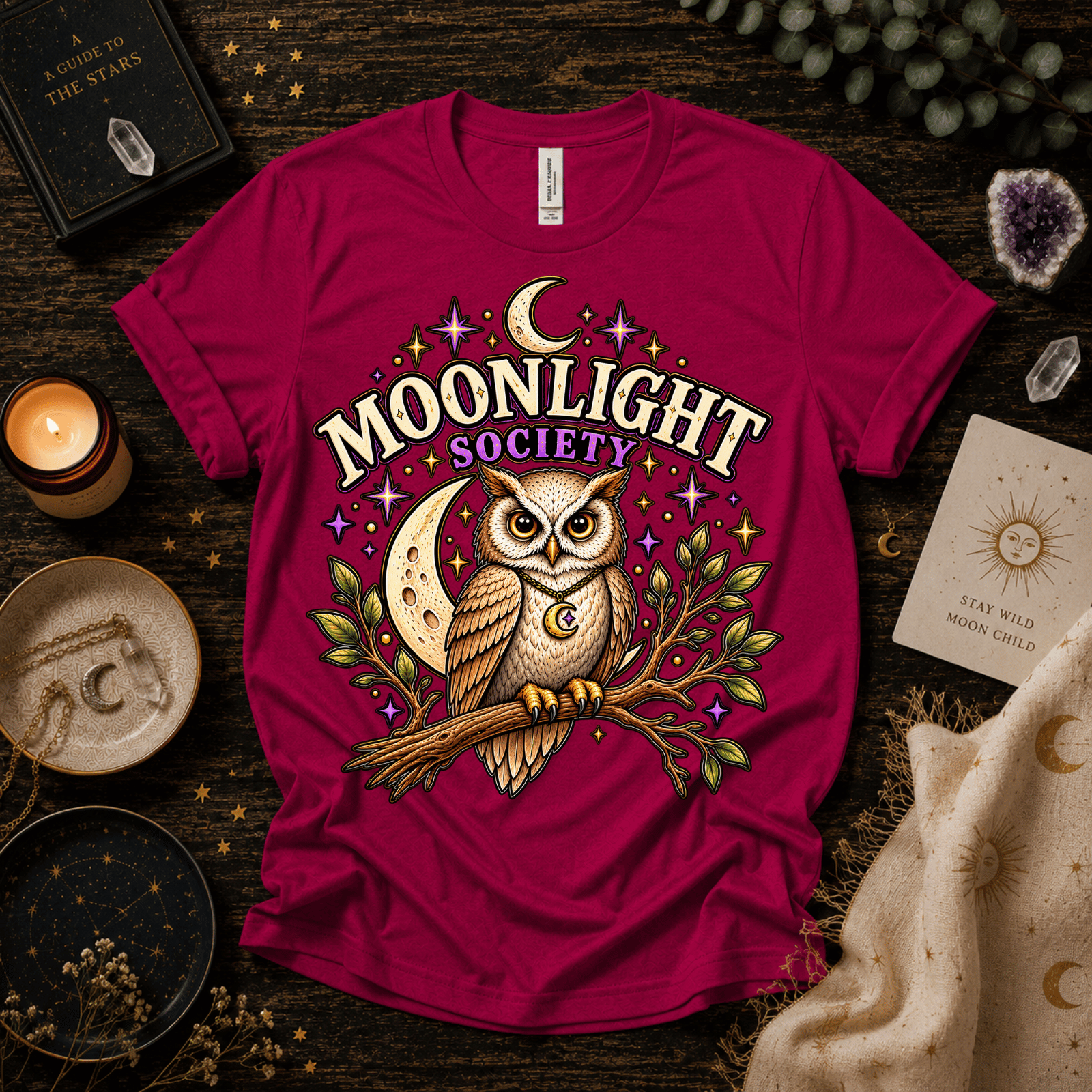 Moonlight Society cute celestial graphic t-shirt cozy flat lay in berry.