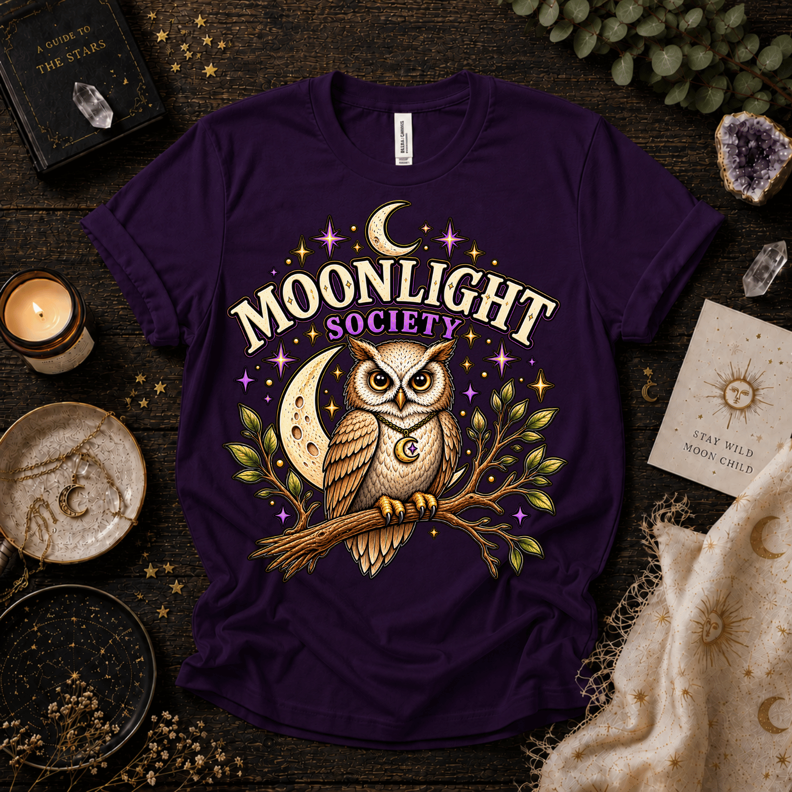 Moonlight Society cute celestial graphic t-shirt cozy flat lay in team purple.