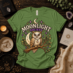 Moonlight Society cute celestial graphic t-shirt cozy flat lay in leaf.