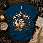 Moonlight Society cute celestial graphic t-shirt cozy flat lay in deep teal.